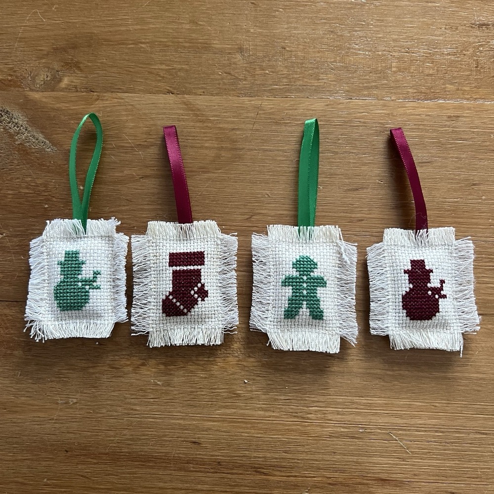 Vintage Handmade Needlepoint Christmas Ornaments Lot of 4 Snowman Stocking